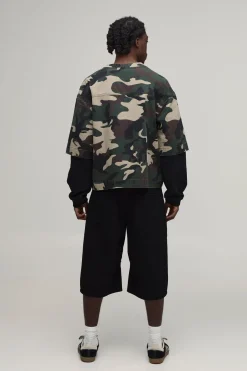T-shirt Football En Denim À Fausse Superposition Oversize Camouflage