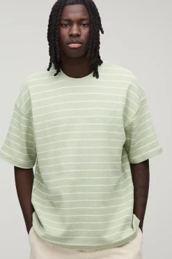 T-shirt Gaufré À Manches Courtes Oversize À Rayures
