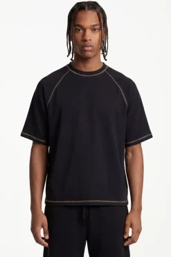 T-shirt Gaufré Oversize Ample À Manches Raglan Avec Coutures Contrastées Effet Délavé