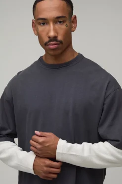 T-shirt Gaufré Oversize Boxy Effet Superposition Manches Lavage Lourd