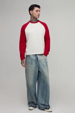 T-shirt Gaufré Épais À Manches Longues Raglan Coupe Ample Oversize Pour Homme Grand
