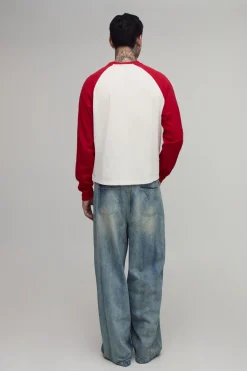 T-shirt Gaufré Épais À Manches Longues Raglan Coupe Ample Oversize Pour Homme Grand