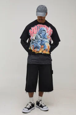 T-Shirt Gothique Graphique Délavé Oversize Homme Effet Usé