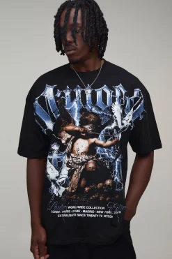 T-shirt Gothique Imprimé Surdimensionné Avec Surpiqûres Pour Homme Grand