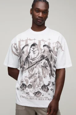 T-shirt Gothique Oversize Grand Imprimé Sur Les Coutures Blanc