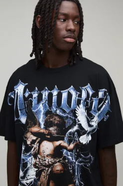 boohooMAN T-shirt Gothique Surdimensionné Avec Surpiqûres Et Imprimé<Homme T-Shirts Impriméstendances|T-Shirts