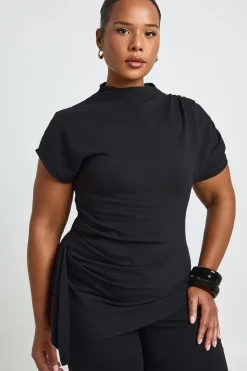 T-shirt Grande Taille À Col Montant Intégré, Taille Cintrée Et Détail Drapé Sur Le Côté