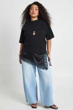 T-Shirt Grande Taille en Satin Dentelle à Ourlet Asymétrique