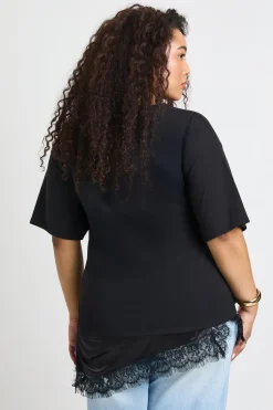 T-Shirt Grande Taille en Satin Dentelle à Ourlet Asymétrique