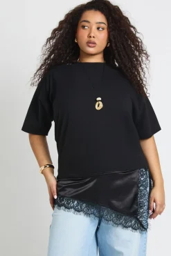 T-Shirt Grande Taille en Satin Dentelle à Ourlet Asymétrique