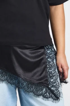 T-Shirt Grande Taille en Satin Dentelle à Ourlet Asymétrique