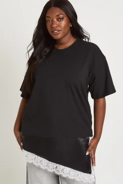 T-shirt Grande Taille À Ourlet En Satin Et Dentelle Contrastante