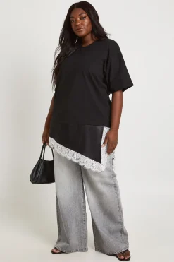 T-shirt Grande Taille À Ourlet En Satin Et Dentelle Contrastante