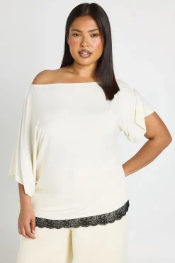T-shirt Grande Taille À Épaule Dénudée Avec Finition En Dentelle