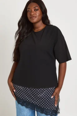 T-shirt Grande Taille À Pois En Dentelle Et Satin Avec Ourlet Asymétrique