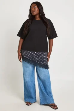 T-shirt Grande Taille À Pois En Dentelle Et Satin Avec Ourlet Asymétrique