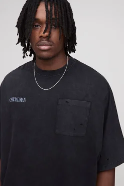 T-shirt grande taille, surdimensionné, de coupe carrée aux manches chauve-souris, en tissu épais, lavé et effet usé, orné d'un slogan et d'une poche