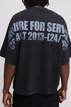 T-shirt grande taille, surdimensionné, de coupe carrée aux manches chauve-souris, en tissu épais, lavé et effet usé, orné d'un slogan et d'une poche