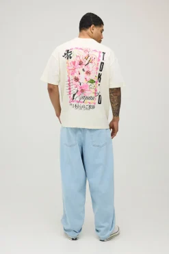T-shirt Graphique Écru Surdimensionné À Motif Floral Imprimé