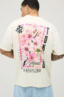 T-shirt Graphique Écru Surdimensionné À Motif Floral Imprimé