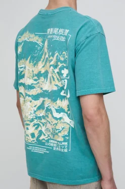 T-shirt Graphique Montagne De Kyoto Oversize Vert Délavé