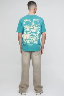 T-shirt Graphique Montagne De Kyoto Oversize Vert Délavé