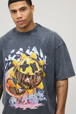 T-shirt Graphique Oversize En Coton Épais Effet Délavé