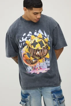 T-shirt Graphique Oversize En Coton Épais Effet Délavé