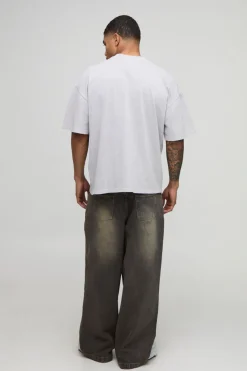 T-shirt graphique premium gris ardoise surdimensionné, col étendu, style gothique biker, sur-coutures, tissu poids lourd