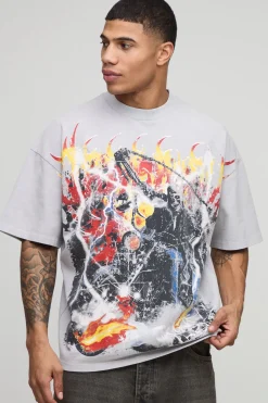 T-shirt graphique premium gris ardoise surdimensionné, col étendu, style gothique biker, sur-coutures, tissu poids lourd