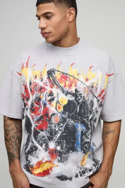 T-shirt graphique premium gris ardoise surdimensionné, col étendu, style gothique biker, sur-coutures, tissu poids lourd