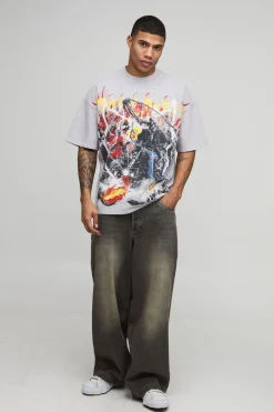 T-shirt graphique premium gris ardoise surdimensionné, col étendu, style gothique biker, sur-coutures, tissu poids lourd