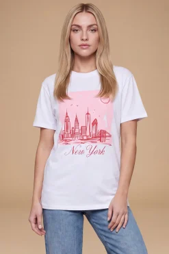 T-shirt Graphique Rose Avec Skyline De New York