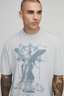 T-shirt Gris Délavé Coupe Oversize Boxy Avec Coutures Apparentes Et Imprimé Renaissance