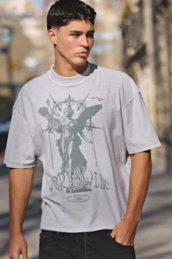 T-shirt Gris Délavé Coupe Oversize Boxy Avec Coutures Apparentes Et Imprimé Renaissance