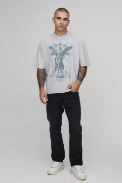 T-shirt Gris Délavé Coupe Oversize Boxy Avec Coutures Apparentes Et Imprimé Renaissance