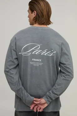 boohooMAN T-shirt Gris Délavé À Manches Longues Coupe Oversize Imprimé Paris<Homme T-Shirts Impriméstendances|T-Shirts