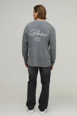 boohooMAN T-shirt Gris Délavé À Manches Longues Coupe Oversize Imprimé Paris<Homme T-Shirts Impriméstendances|T-Shirts