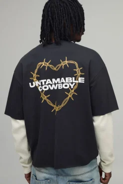 T-shirt Heartbreak Grande Taille Oversize Coupe Boxy Effet Gaufré Fausse Superposition Poids Lourd