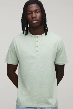 boohooMAN T-shirt Henley Ajusté En Coton Chiné<Homme T-Shirts