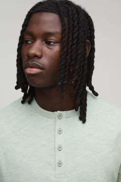 boohooMAN T-shirt Henley Ajusté En Coton Chiné<Homme T-Shirts