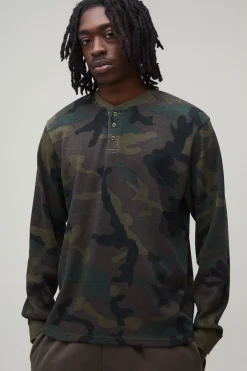 T-shirt Henley Gaufré Camouflage À Manches Longues Coupe Regular