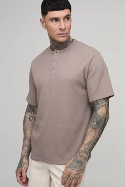 boohooMAN T-shirt Henley Gaufré Coupe Regular Tall<Homme T-Shirts Tall|Tout Afficher