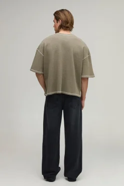 boohooMAN T-shirt Henley Gaufré Délavé À L'acide Coupe Ample Oversize<Homme T-Shirts