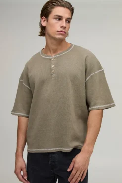 boohooMAN T-shirt Henley Gaufré Délavé À L'acide Coupe Ample Oversize<Homme T-Shirts
