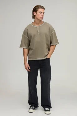 boohooMAN T-shirt Henley Gaufré Délavé À L'acide Coupe Ample Oversize<Homme T-Shirts