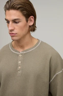 boohooMAN T-shirt Henley Gaufré Délavé À L'acide Coupe Ample Oversize<Homme T-Shirts