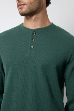 T-shirt Henley À Manches Longues Gaufré Olive