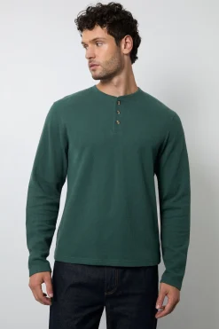 T-shirt Henley À Manches Longues Gaufré Olive