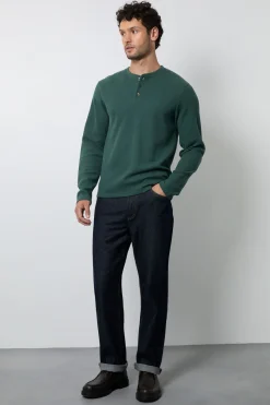T-shirt Henley À Manches Longues Gaufré Olive